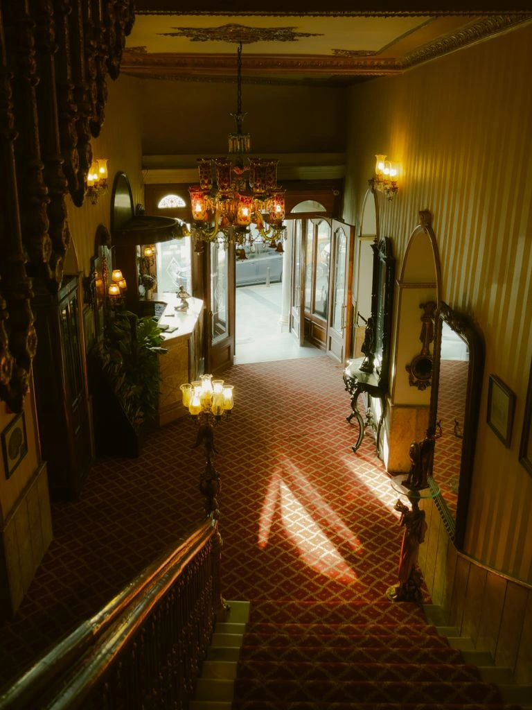 A hospitality lobby installation with tall branched floral arrangements.